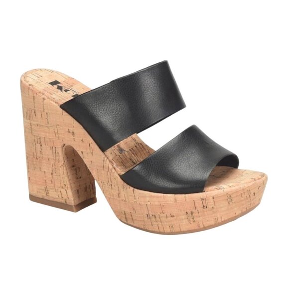 Korks Dezi Womens Platform Sandals 11M Black Leather Slip-On Cork Heel Open Toe - Picture 2 of 10